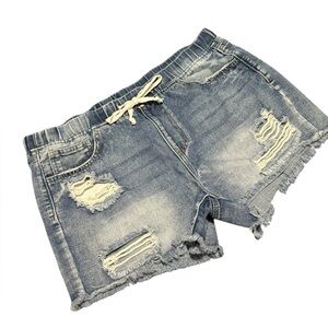 YMI Distressed Denim Jean Shorts Large Mid Rise Drawstring Waist Vacation Vibes